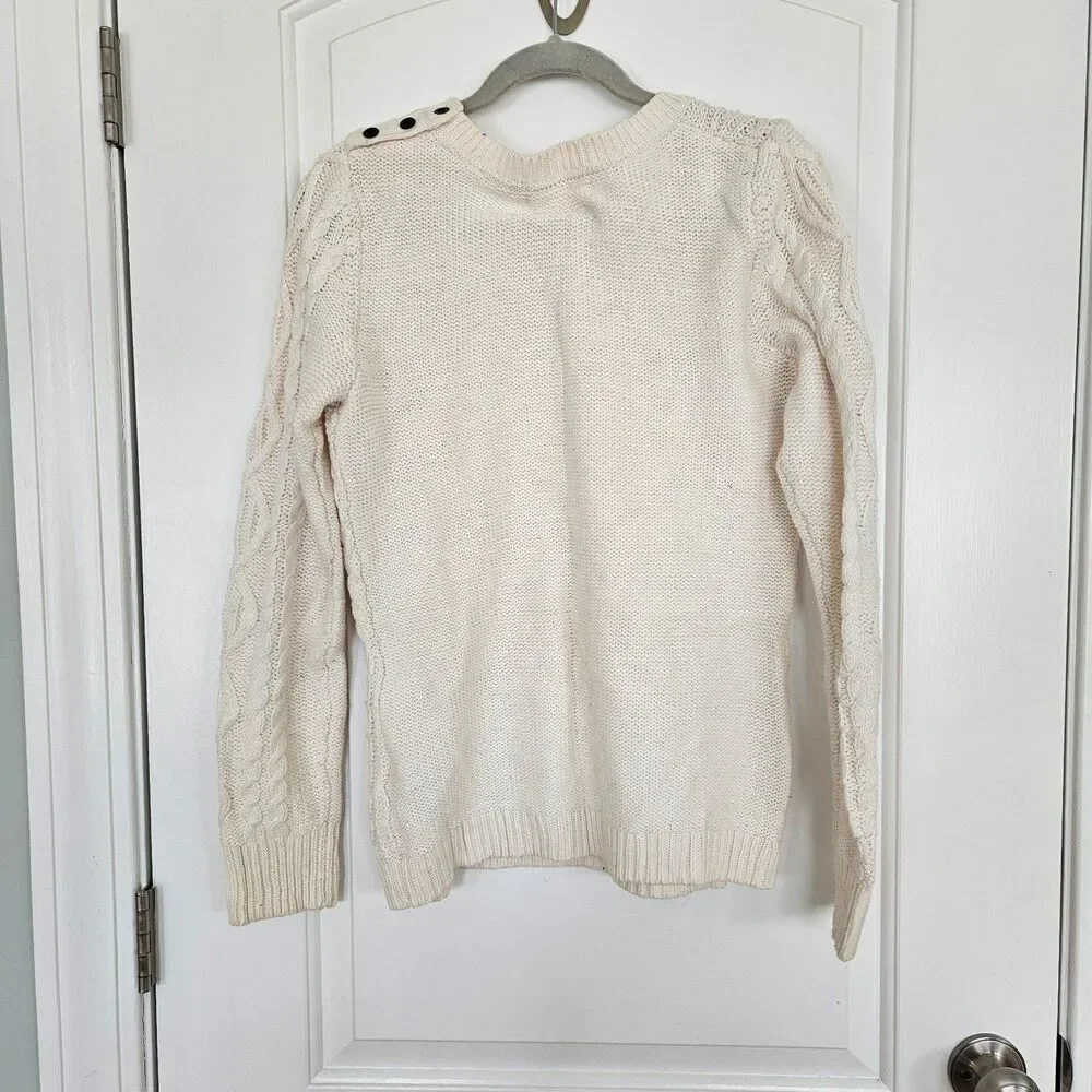 L.O.G.G. Fisherman Knit crew neck pullover, Ivory, button details, logo, women M